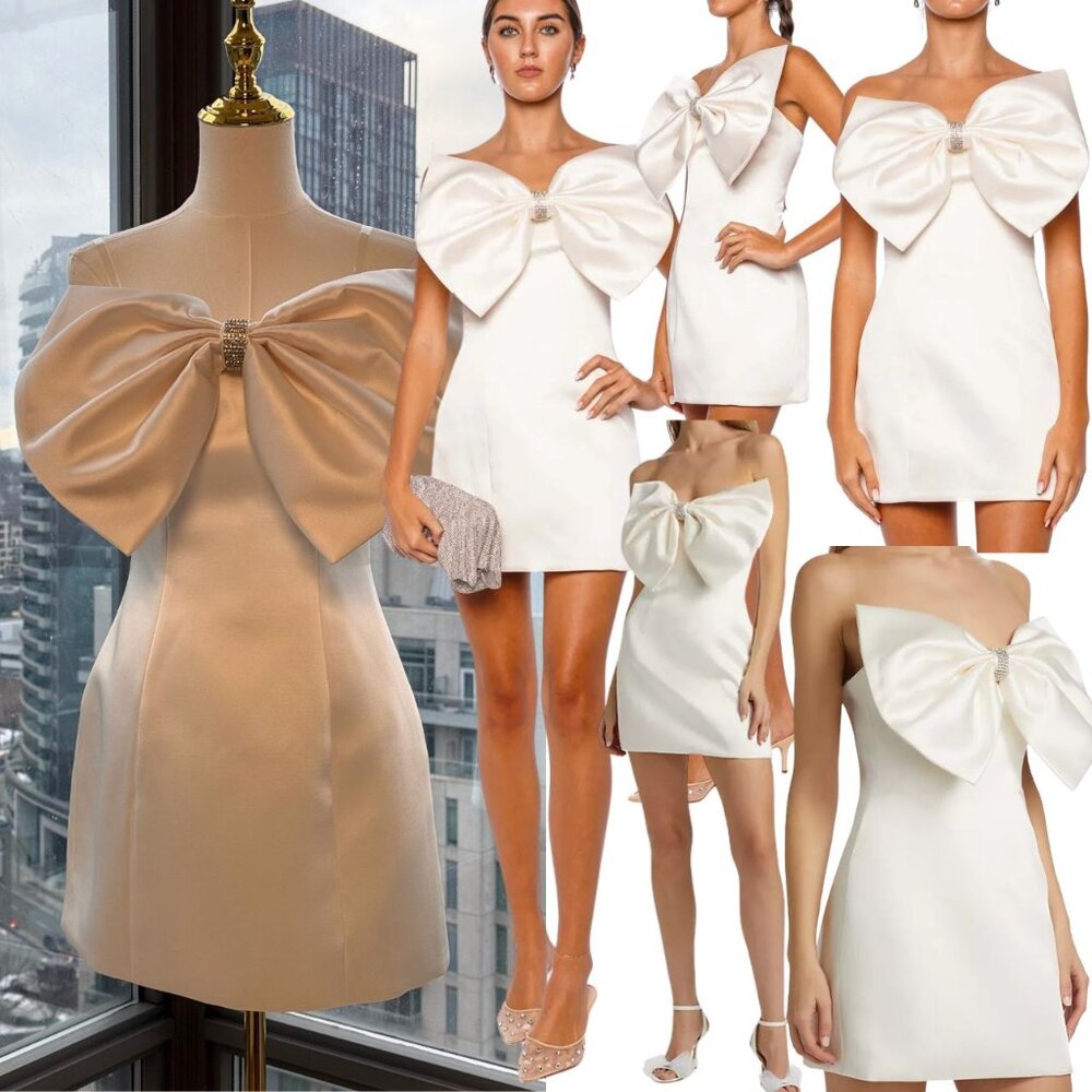 🆕 BRONX & BANCO 🧿 NWOT Evie White Strapless Bow Mini Dress, Sz XS US 2
